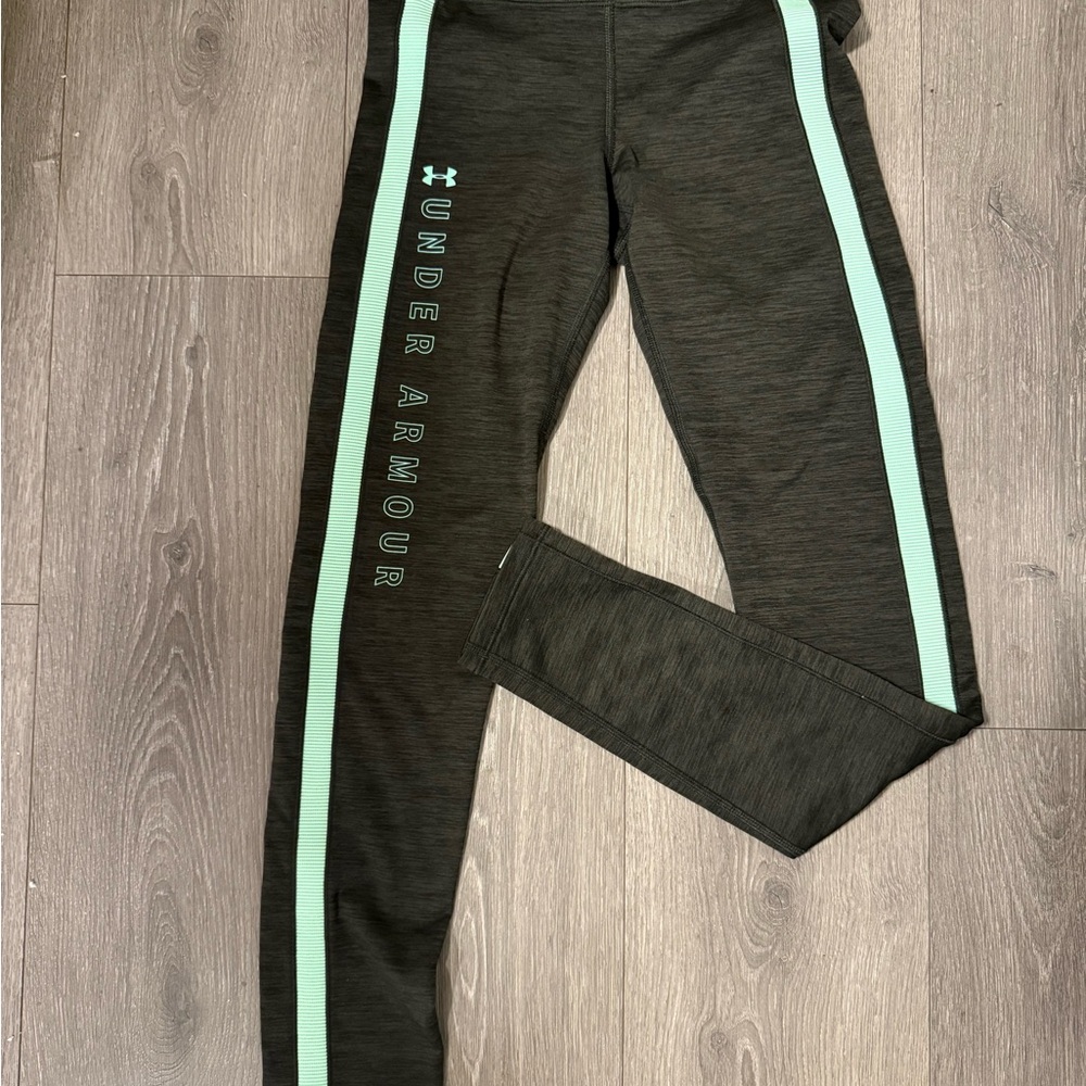 Under Armour Womens Heather Gray Mint Green Stripe Logo Athletic Leggings Small